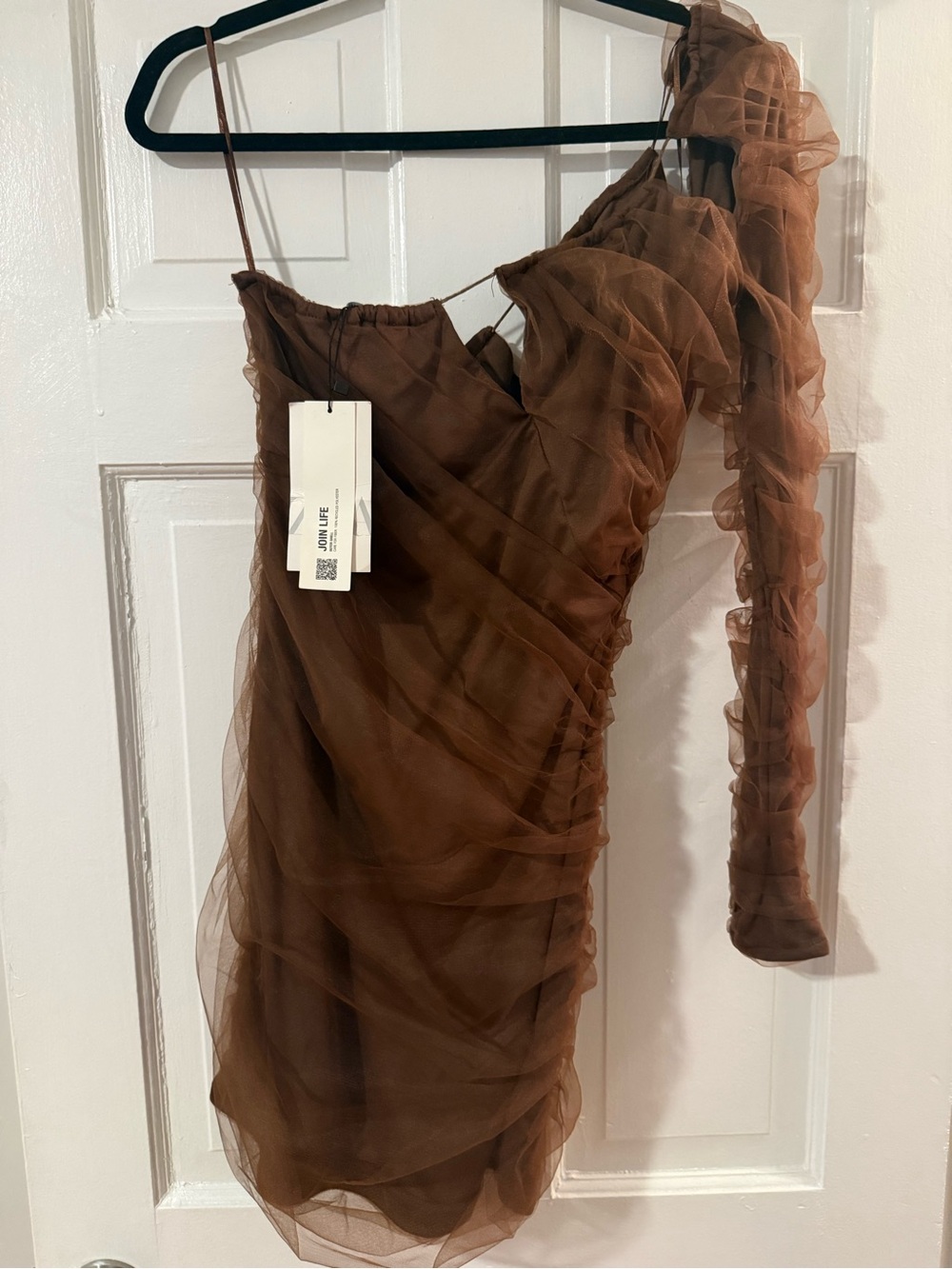 Zara One-Shoulder Brown Ruffle Mesh Dress